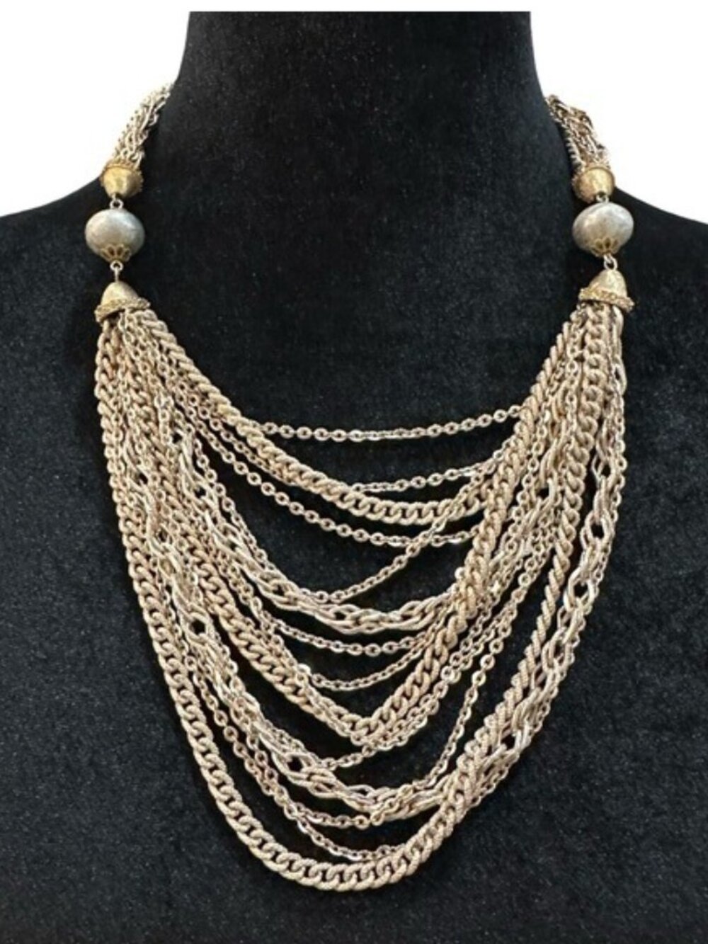 Vintage Gold and Silver Tone Multi Layer Chain Statement Necklace With Bead Acce